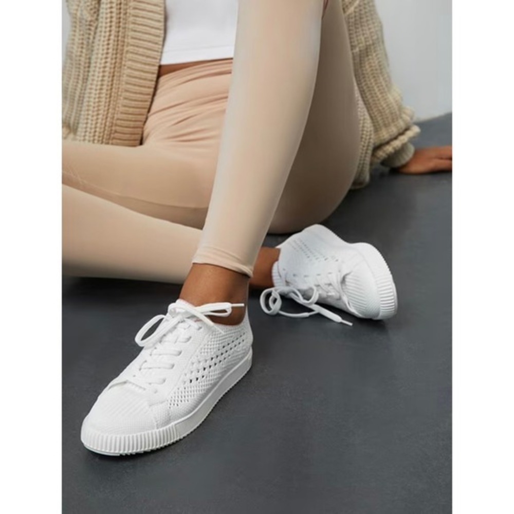 Classic White Knit Lace-Up Women's Sneakers